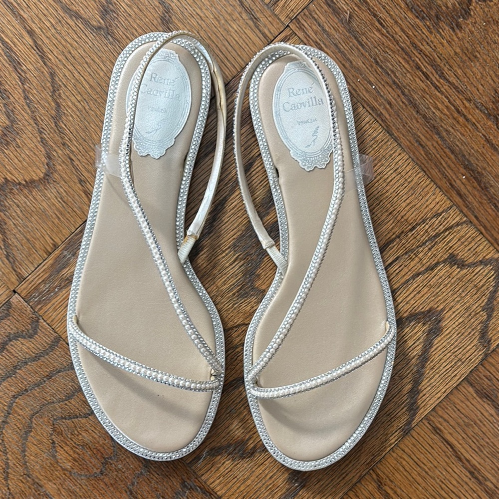 Rene Caovilla Beige Sandals with Silver Accents